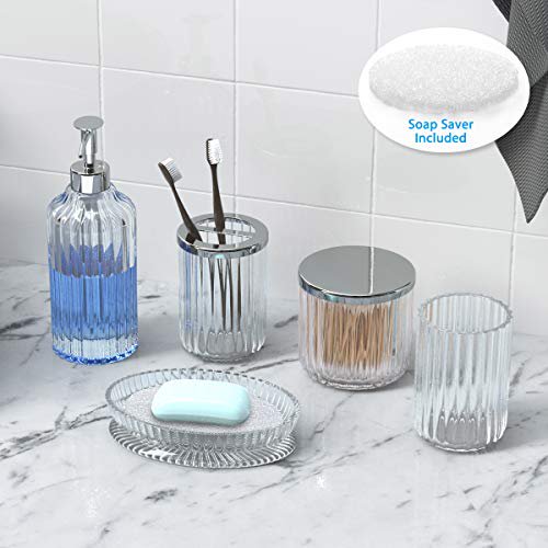 Bathroom Accessories Set 5 Pieces Glass Bath Accessory Collection Vanity Countertop Set Completes With Soap Dispenser Cotton Holder Toothbrush Holder Tumbler Soap Dish Free Soap Saver I Walmart Com Walmart Com