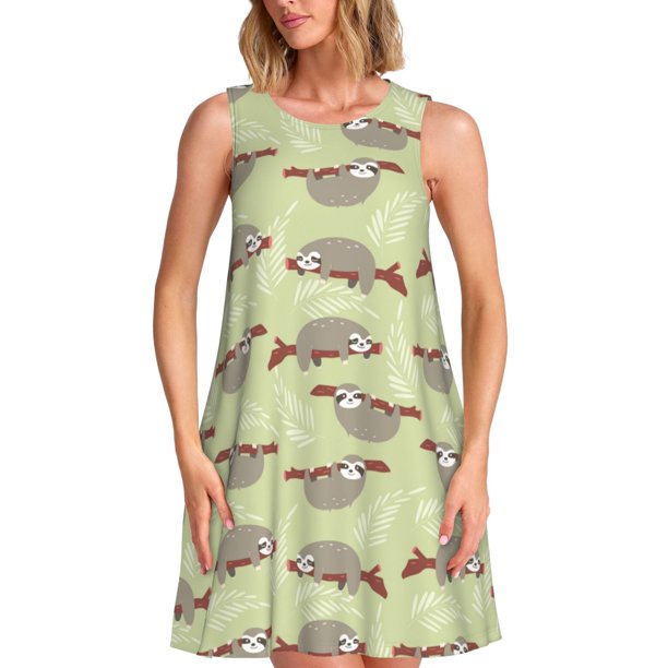 Easygdp Twig Sloth para Vestido Transpirable de Mujer, Vestido Suelto de Manga Corta con Pliegues y Bolsillos para el Verano