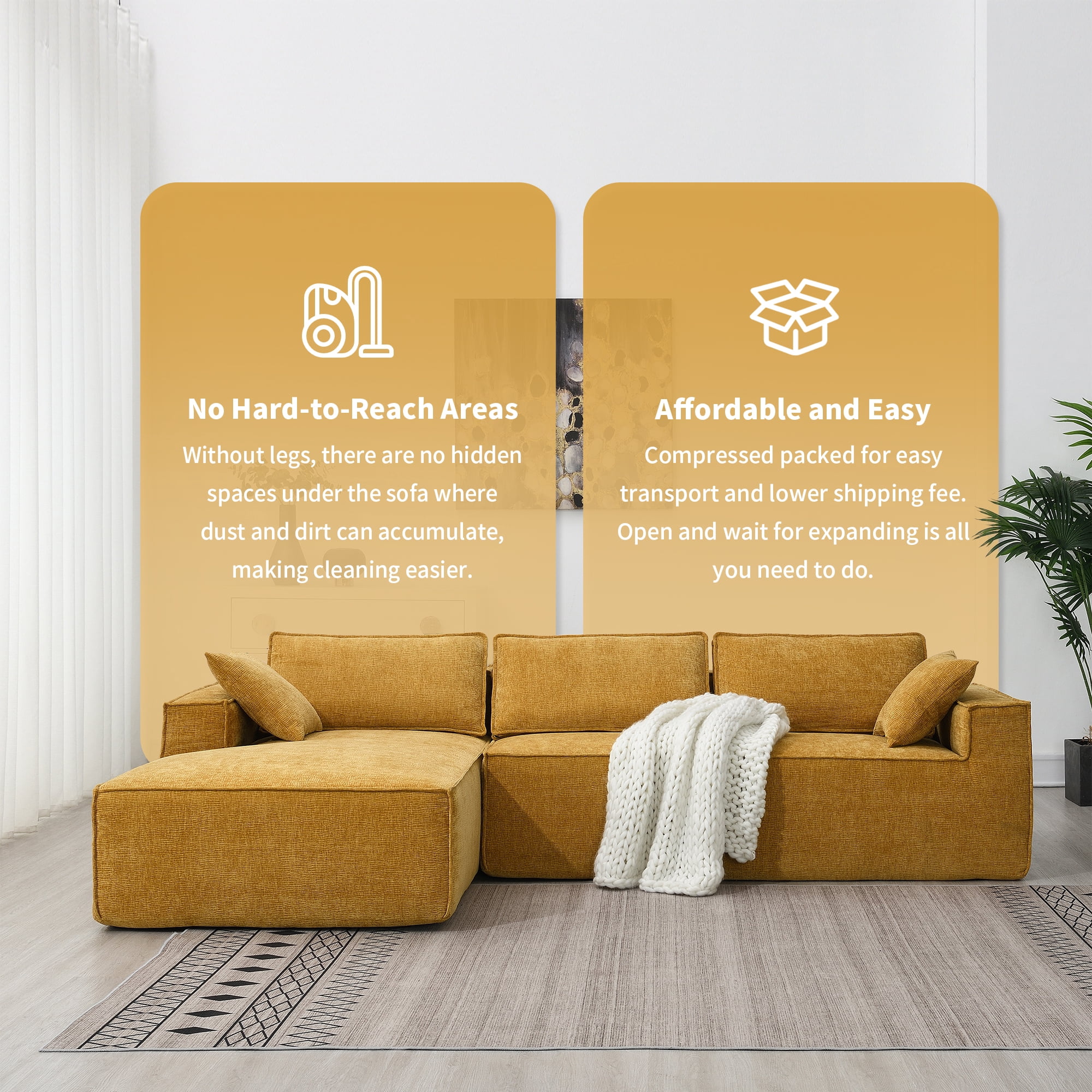 EUROCO 111.5" Minimalist Style L-Shaped Modular Sectional Sofa Couch, Wrinkle-resistant Chenille Sleeper Sofa Bed with All-Sponge Construction, 2 PIC Free Combination No Assembly Require, Yellow