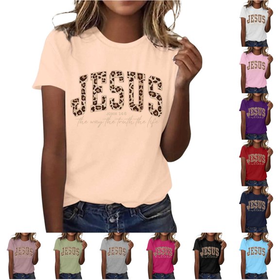 XIAONU Leopard Letter Print Crew Neck T Shirt for Women Short Sleeve Regular Fit Daily Casual Tee