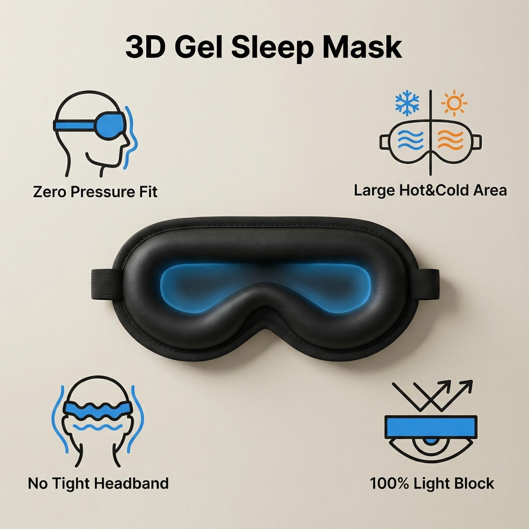 3D Gel Sleep Eye Mask, No Eye Pressure Marks, Cold and hot compresses for Eye Fatigue Relief, Elastic Strap, Black