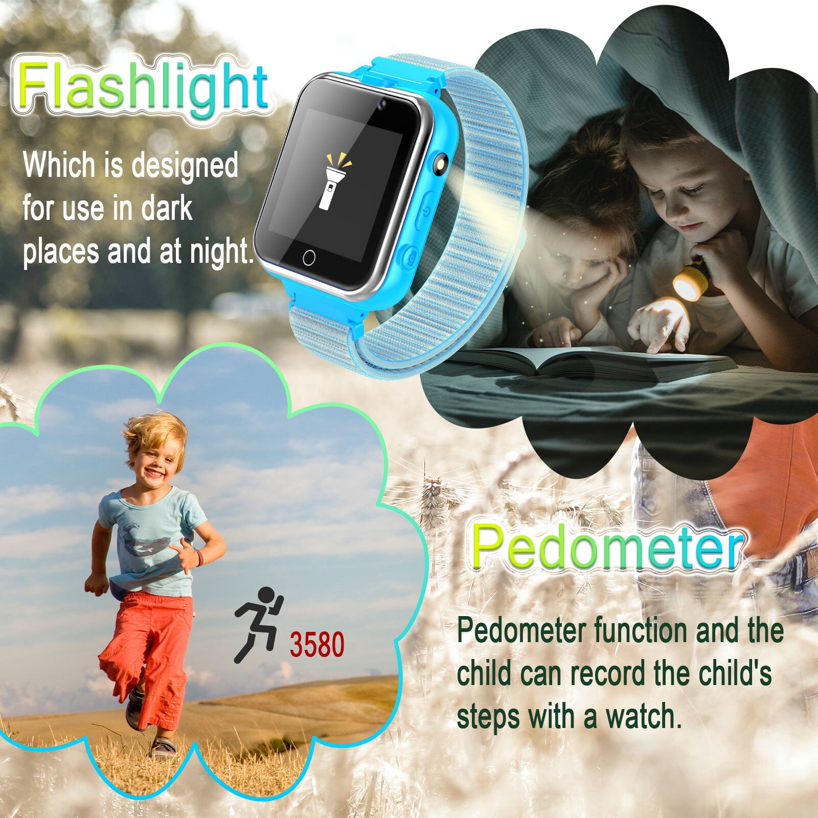 PTHTECHUS X32-Blue Kids Smartwatch with Dual Camera, 24 Games, MP3 & More, Blue with Nylon Band