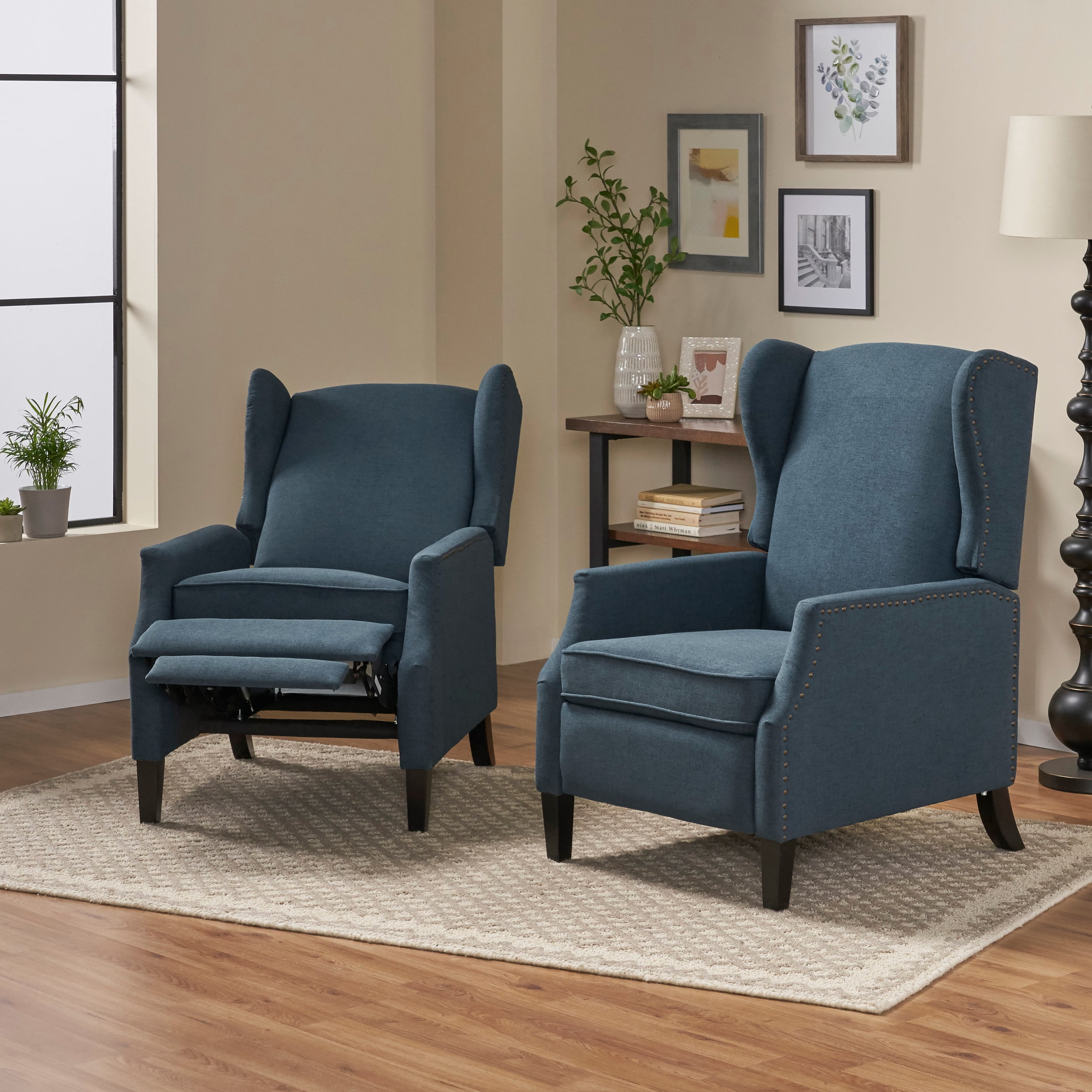 Noble House Demi Indoor Fabric Recliner, Set of 2, Navy Blue, Dark Brown