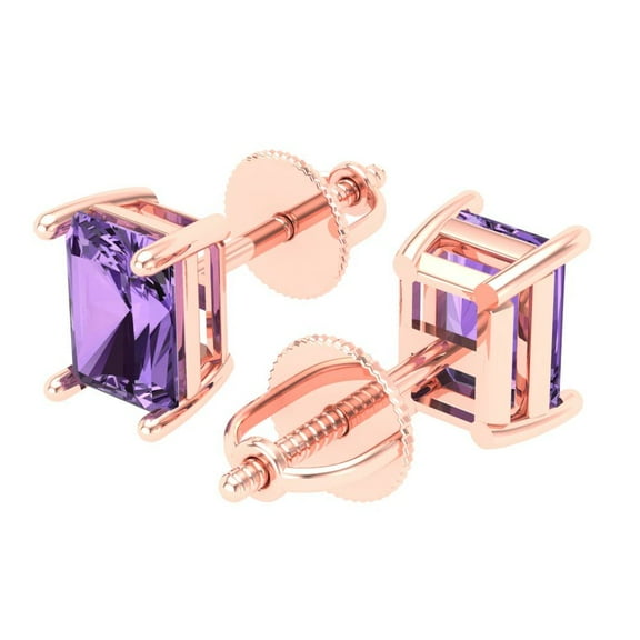 1.0 Ct Emerald Cut Studs Purple Alexandrite 18K Rose Solid Solid Gold Everyday Dainty Earrings Screw Back