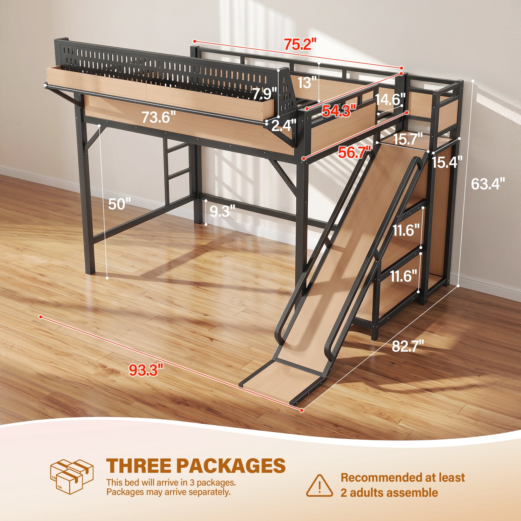 Aukfa Full Size Loft Bed with Slide, Shelves, Wardrobe, USB Ports & LED Lights, Heavy-Duty Metal Bed Frame for Kids Teens Adults, Natural