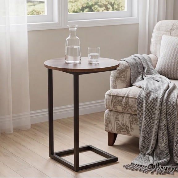 Space-Saving C-Shape Side Table, Marble TV Stand, Small Oval Metal Frame End Table, Portable Snack Table for Living Room, Bedroom, Bedside