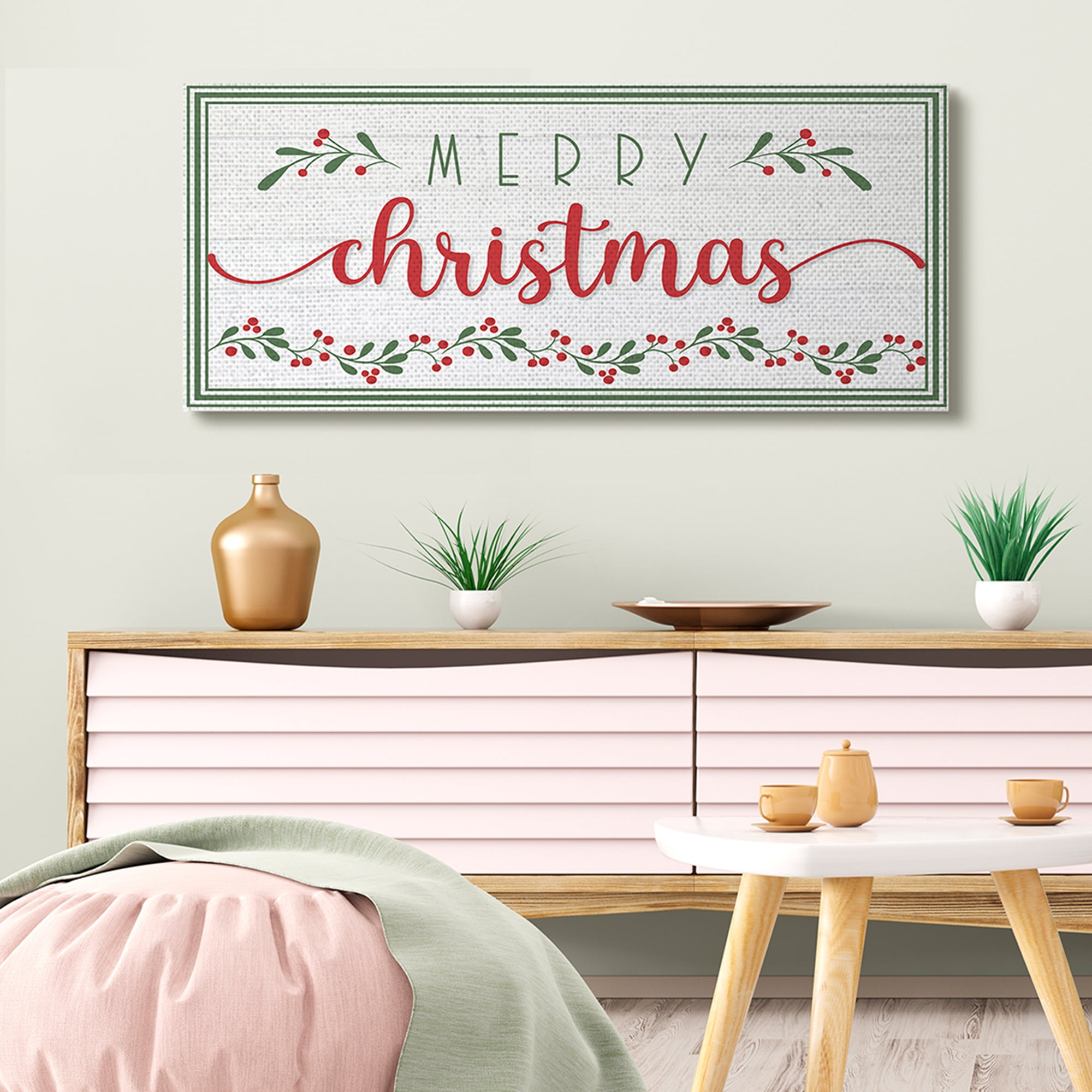 Stupell Indtries Merry Christmas Phrase Festive Floral Holly Detail Canvas Wall Art, 20 x 48, Design by AE Design