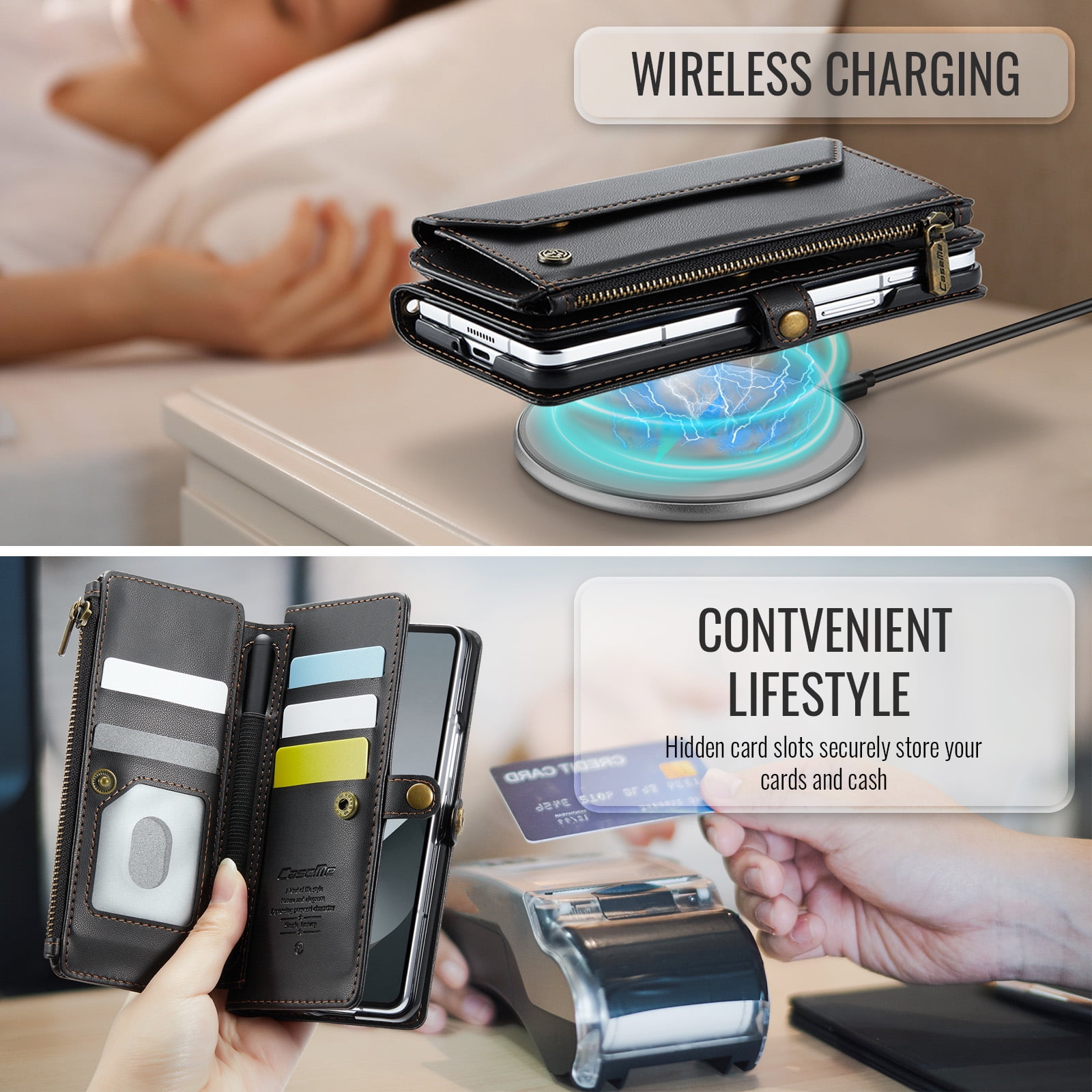 for Samsung Galaxy Z Fold 7 Full Body Protection Wallet Folio Flip Case, Shoulder Strap & Wristlet Card Slots Zipper Pocket RFID Blocking Rugged Durable PU Leather Phone Case Cover, Black
