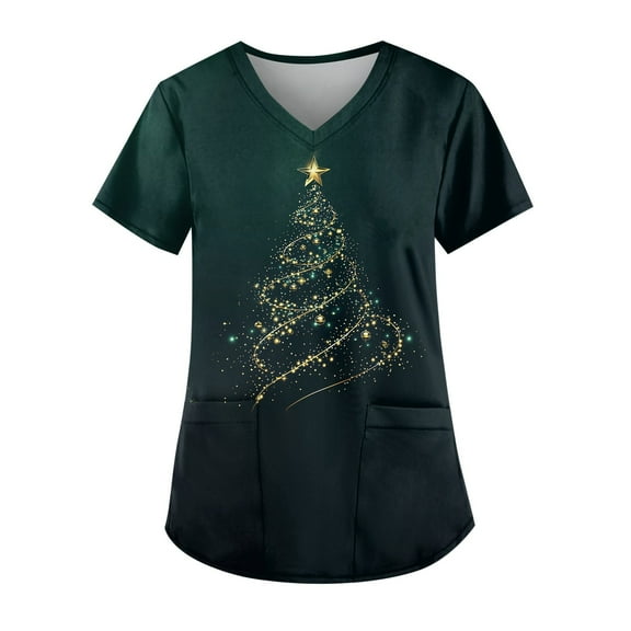 Garbnen Holiday Scrubs Funny Xmas Printed V Neck Short Sleeve Fall Women Scrub Tops Nursing Uniform with Pocket S-5XL