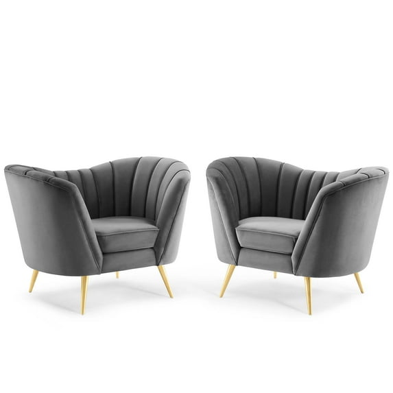Armchair Accent Chair, Set of 2, Velvet, Grey Gray, Modern Contemporary Urban Design, Living Lounge Room Hotel Lobby Hospitality