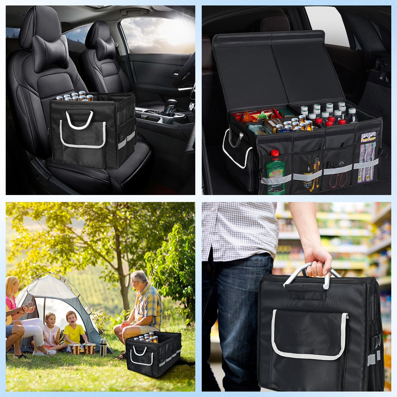 Car Trunk Organizer for SUV, Lychee Collapsible Multi Compartments Trunk Vehicle Organizer, Waterproof Car Storage Organizer with Foldable Lid, Aluminium Handle, Non Slip Bottom (Black)