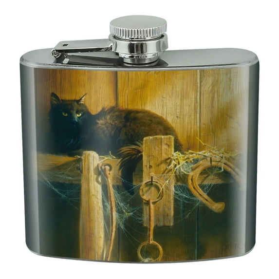 Barn Black Cat Horseshoe Rustic Western Stainless Steel 5oz Hip Drink Kidney Flask