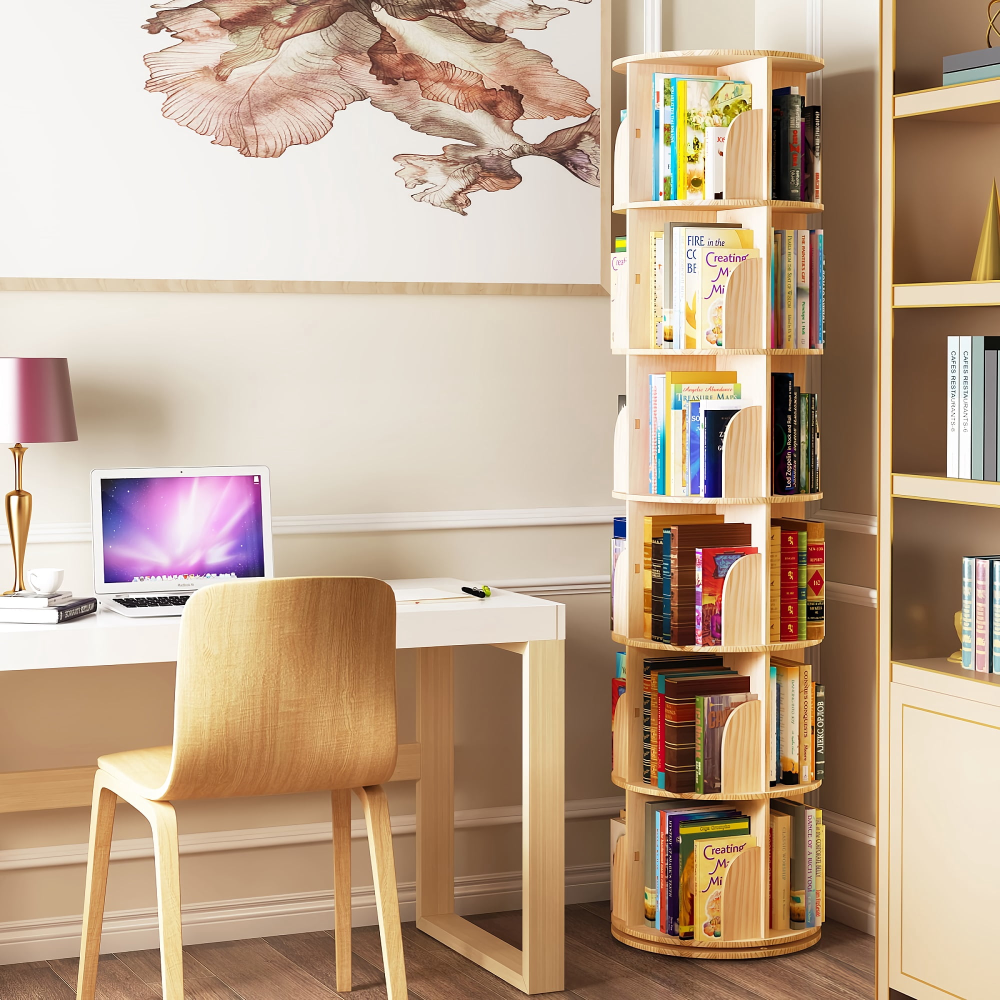 173cm Bibliothèque pivotante 360° Étagère d'angle Bibliothèque pivotante 5 étages Étagère