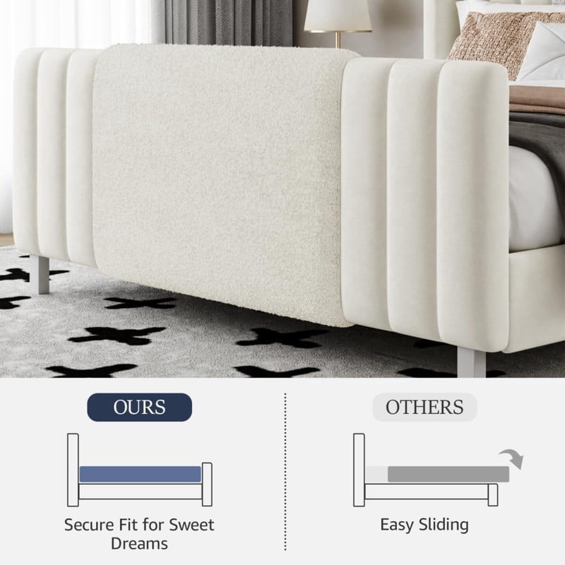 King Upholstered Bed Frame with LED Headboard & Footboard - Noiseless, Easy Assembly Platform Bed for Master Bedroom and Guest Room, White