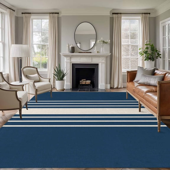 Area Rug for Living Room, Navy Blue Beige Striped Non-Slip Indoor Large Carpet for Bedroom/Dining Room, Modern Farmhouse Retro Lines Washable Low-Profile Rectangle Floor Runner Rugs - 5 x 7 Ft