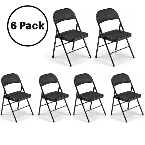 UBesGoo 6 Pack Folding Chairs, Vinyl Cushion Padded Lightweight Foldable Chairs Set of 6, Waterproof Collapsible Chairs for Outdoor Party, Home, Office, Black