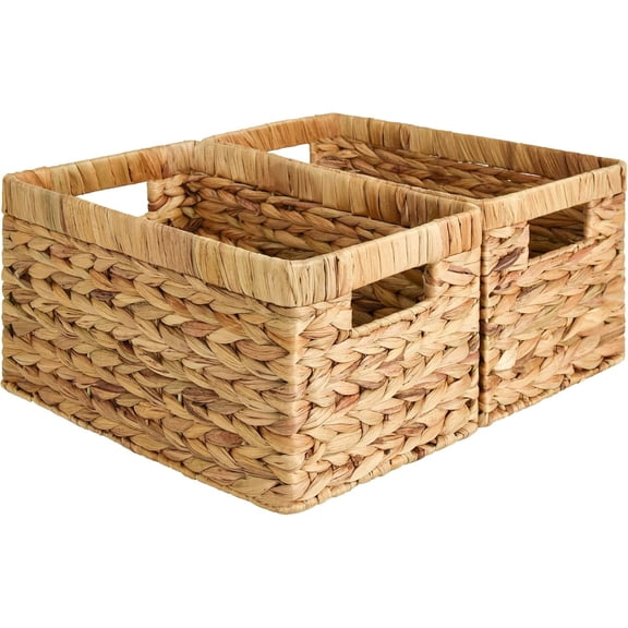 StorageWorks Wicker Basket, Baskets for Organizing, Storage Basket with Built-in Handles, Water Hyacinth Shelves, 2-Pack