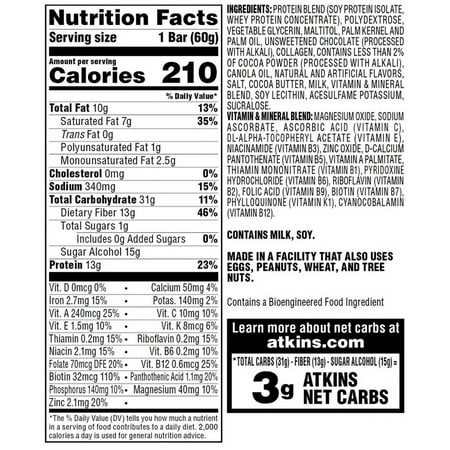 Atkins Chocolate Chip Cookie Dough Protein Meal Bar, High Fiber, Low Sugar, Meal Replacement, 6/5 Packs