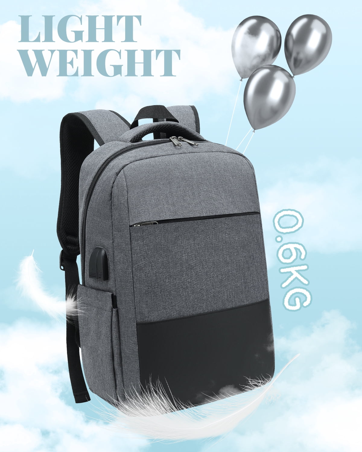 Travel Backpack with USB Port, Laptop Carry On Backpack, Waterproof Casual Daypack Computers Backpacks  for Women Men Weekender Trips, Business, School & Hiking, Gray