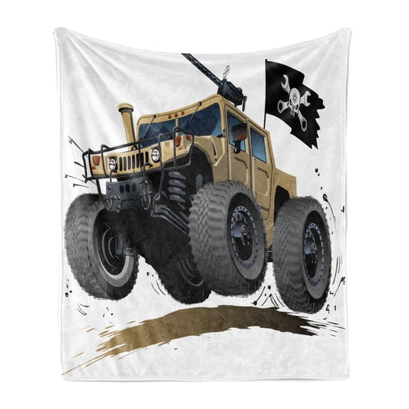 Cars Soft Flannel Fleece Blanket, Worldwide Off Road Famous Safari Rally Truck with Skull Pirate Flag Camouflage Design, Cozy Plush for Indoor and Outdoor Use, 70" x 90", Grey Brown, by Ambesonne