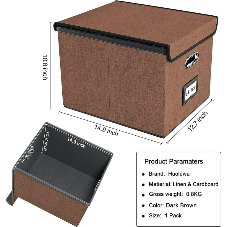 Decorative File Storage Organizer Box with Lid, Portable Collapsible Linen  Hanging Filing & Storage Boxes for Office/Decor/Home (Dark Brown) - 14.9 x  12.7 x 10.8 inch - 1Pack 