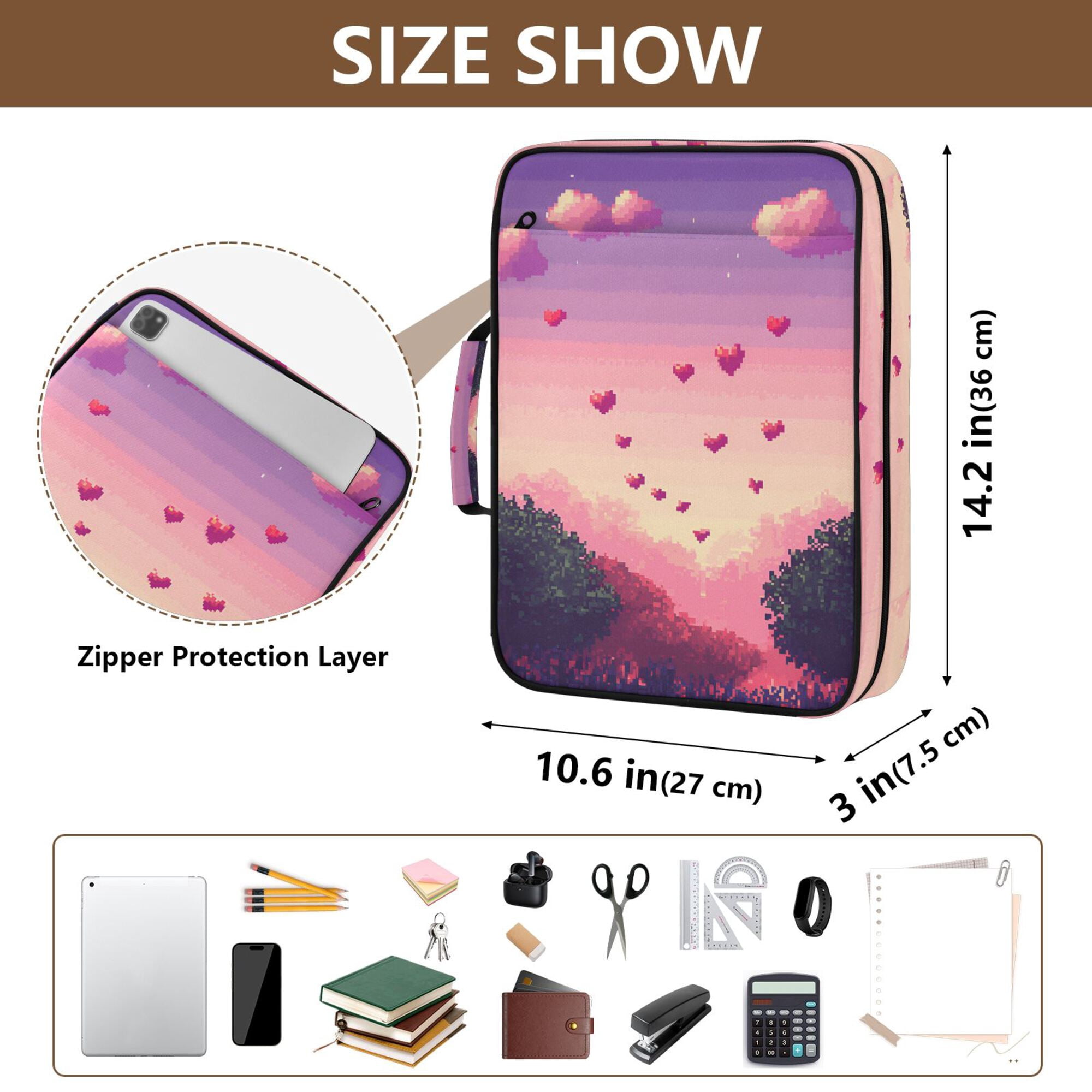 FORMRS Accordion File Folder A4 Size 7-Pocket Expanding Document Organizer Bag with 3 Ring Binder, Pixel Floating Hearts