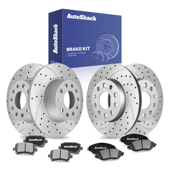 AutoShack Front & Rear Brake Rotors & Premium Pads for Volkswagen, GTI 2017, FWD L4 2.0L - Coated Drilled & Slotted - Silver Matte Finish - TurboGuard
