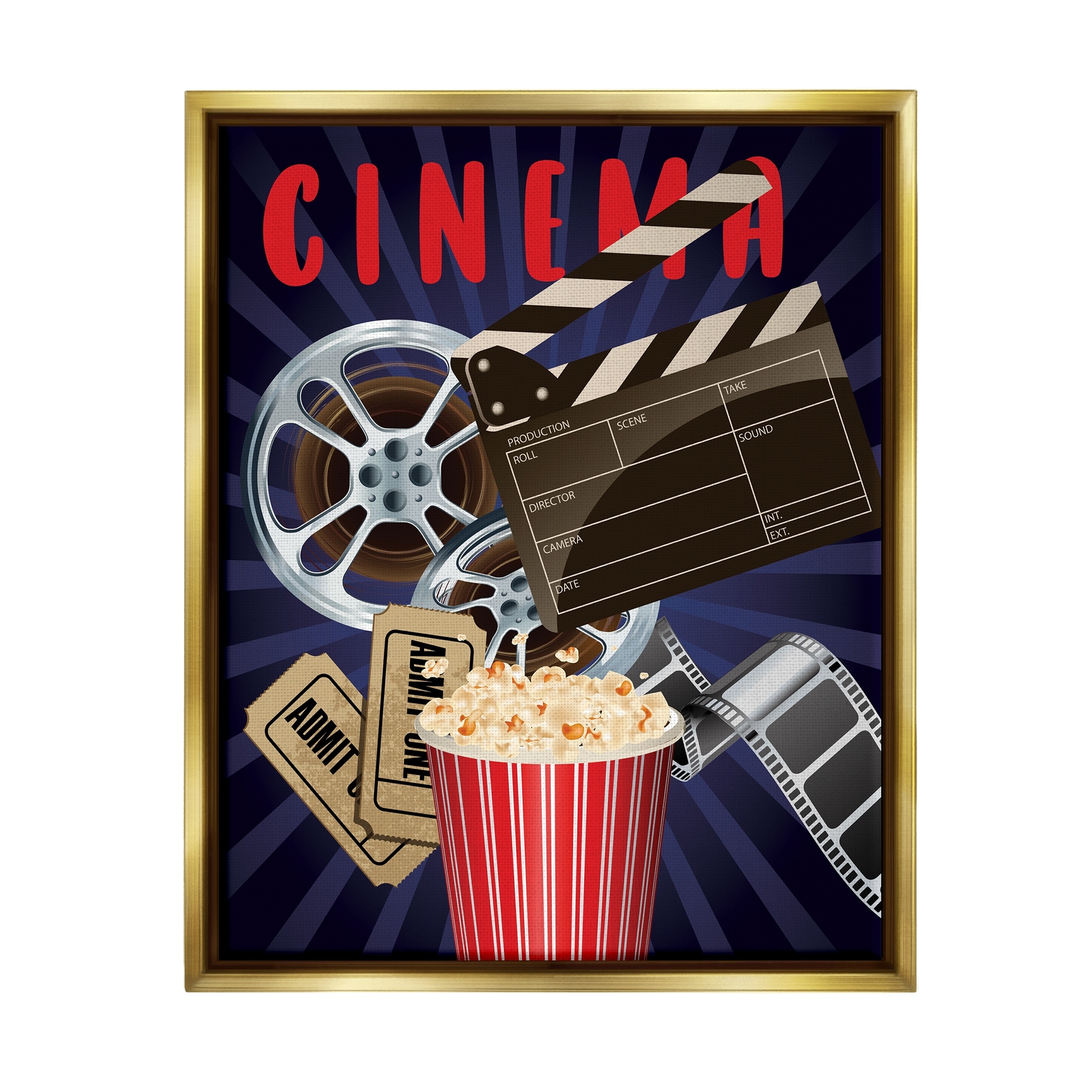 Stupell Industries Cinema Movie Reel Popcorn Entertainment Sign Graphic Art Metallic Gold Floating Framed Canvas Print Wall Art, Design by Yvonne Coleman Burney