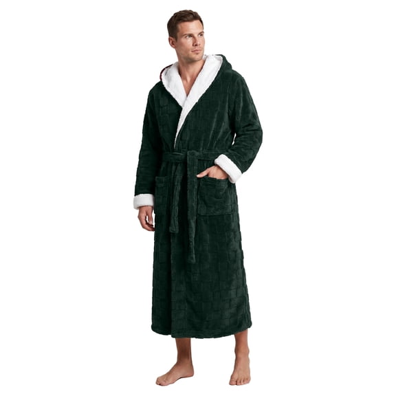 VULCANODON Men's Fleece Robe, Cozy Checkerboard Plush Hooded Bathrobe for Men Fluffy Loungewear with Pockets(DARK GREEN, 2XL/3XL)