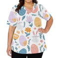 thumbnail image 4 of Women's Fashionable V-neck Short-sleeved Work Top With Double Side Slits And Pockets, Featuring Easter Bunny And Egg Prints. Purple Pink E M, 4 of 5