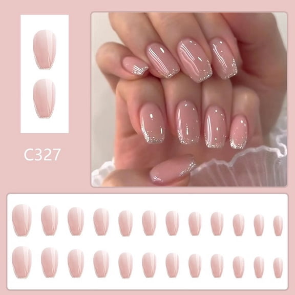 FEOLGEHLY Under 1$ Dollar 24Pcs Oval Pink French Press On Nails Short, Glitter Glossy False Nails for Spring Summer Women DIY Nail Art Manicure Decorations