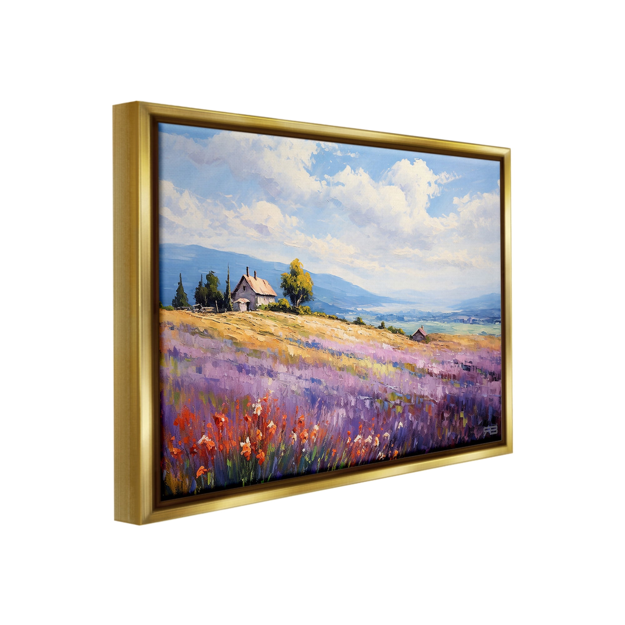 Stupell Industries Cottage Meadow View Landscape Painting Gold Floater Framed Canvas Art Print Wall Art, 31 x 25