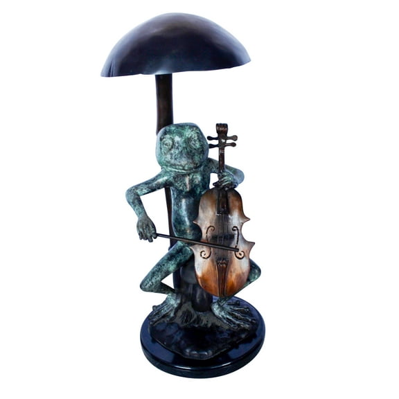 Nifao Frog playing cello under mushroom bronze statue – Home Decor Sculpture, 10"L x 10"W x 24"H