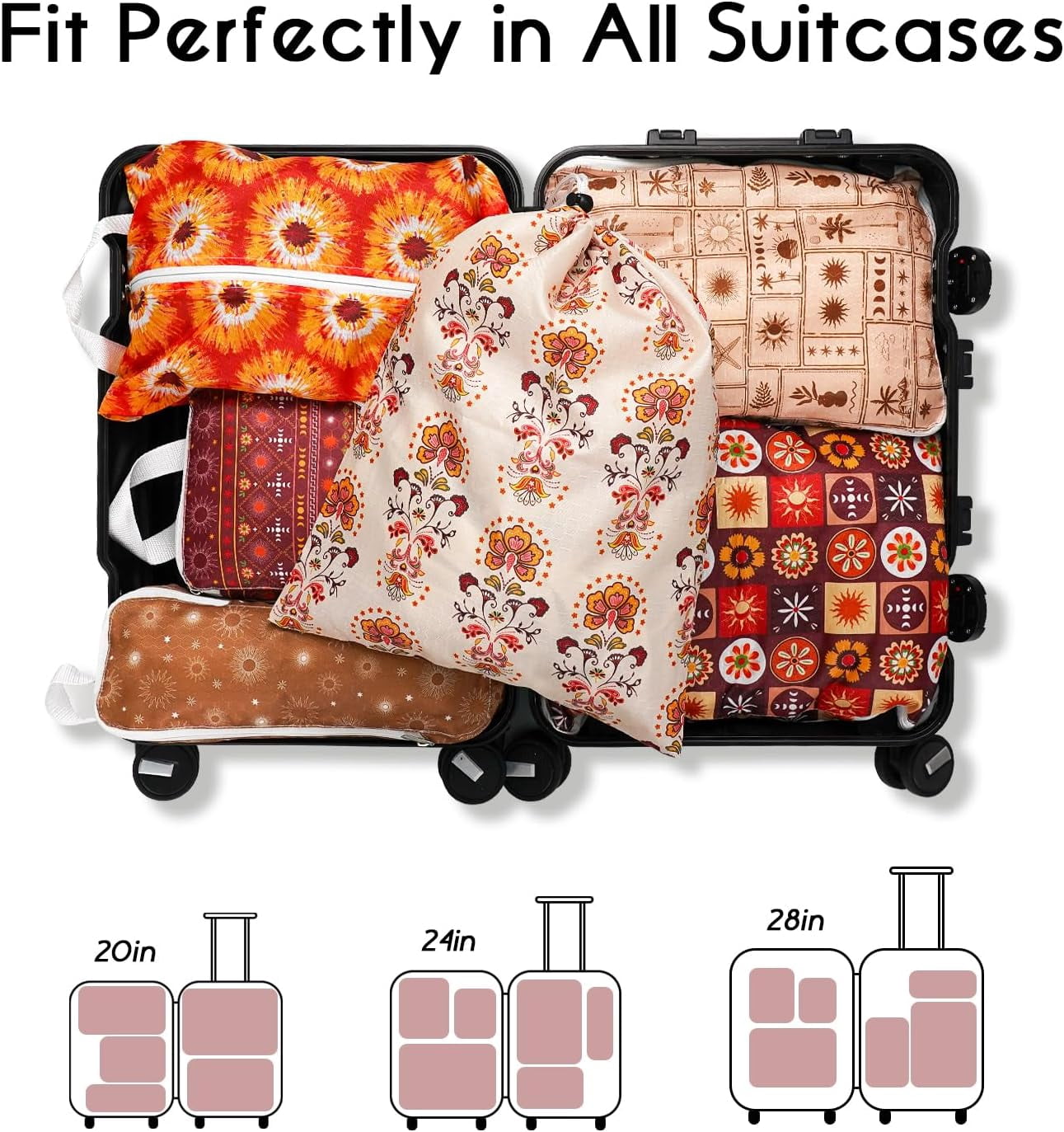 6 Set Compression Packing Cubes for Travel,Bohemia Packing Cubes for Suitcase Luggage Organizer Bags,Travel Essentials for Carry on Backpack,Ultralight and Waterproof(Geometric Sun Rays)