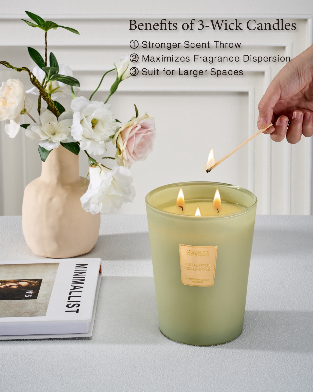 M&SENSE Eucalyptus & Cedarwood Scent, 3 Wick Natural Soy Wax Candles, 150 Hours Long Lasting Slow Burning, 35 OZ