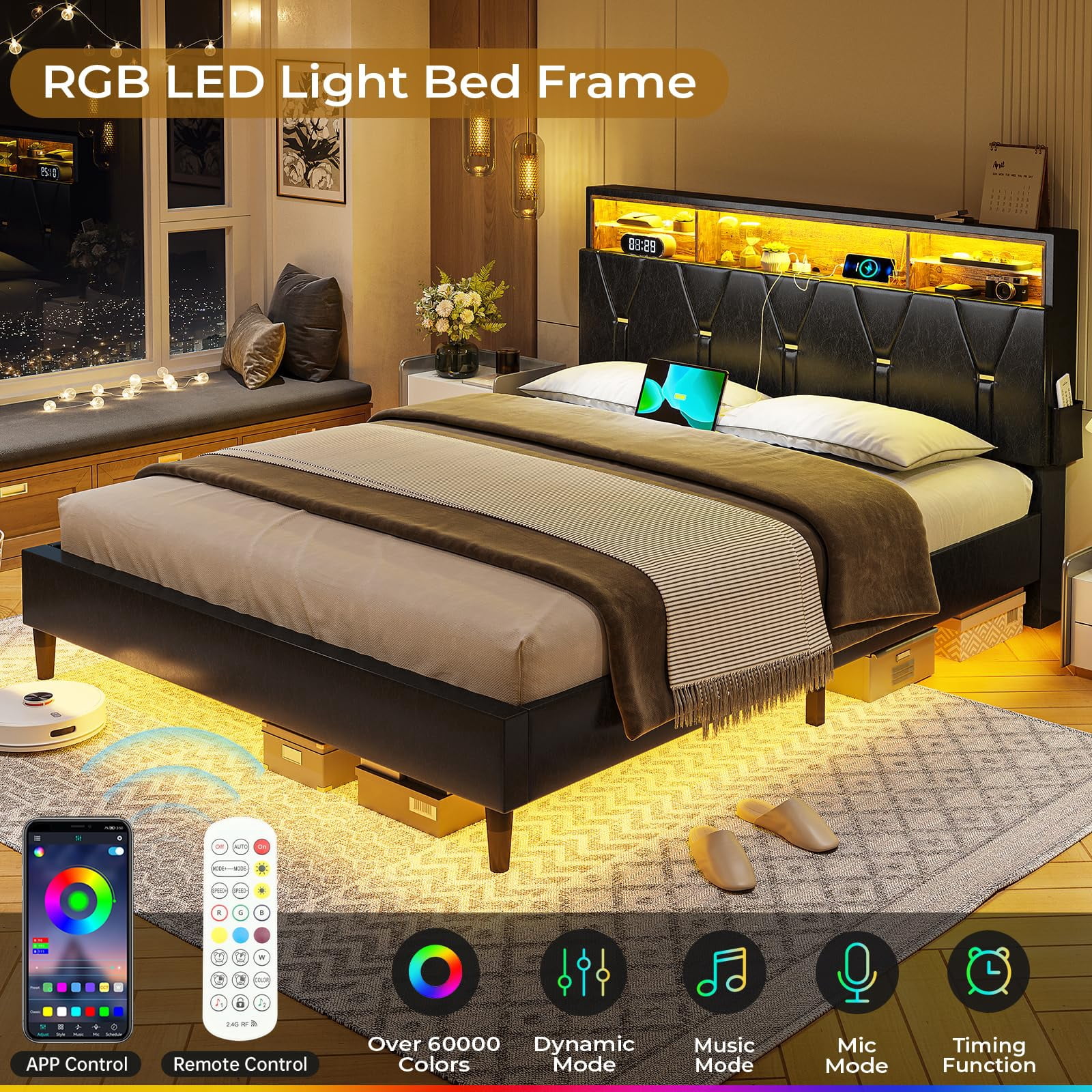 Afuhokles Queen Bed Frame with LED Lights and Charging Station, Storage Headboard Faux Leather Upholstered Bed, Black PU