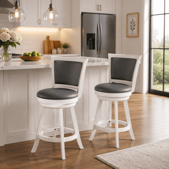 Guqiart 24" Counter Height Swivel Bar Stool, Wood Barstool with Chestnut Finish & Black Faux Leather for Home Kitchen Bar, White