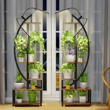 SERBASIC Plant Stand Indoor with Grow Lights, 6 Tiered Metal Plant Shelf with Wheels, Large Plant Rack Display Shelves, 2 PCS Tall Plant Stand for Living Room, Patio