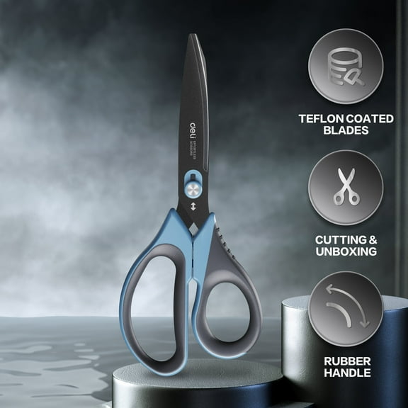 deli All Purpose Scissors with Razor Teflon Coated Blade and Soft Grip Handles, Dual-Mode Functionality, Gray and Blue