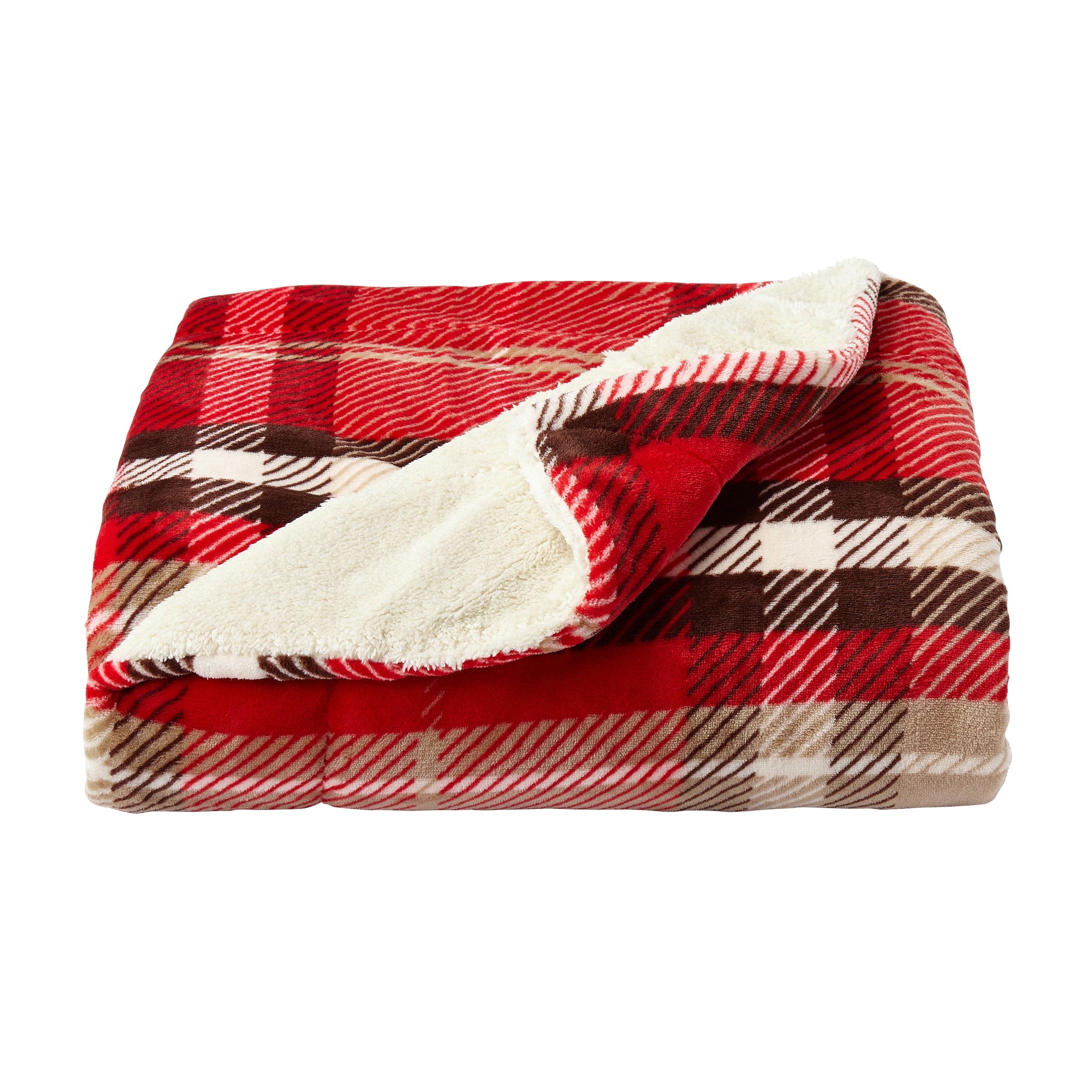 Somerset Home Poly Fleece Sherpa Sofa Throw Blanket for Adult (Red/Tan Plaid)