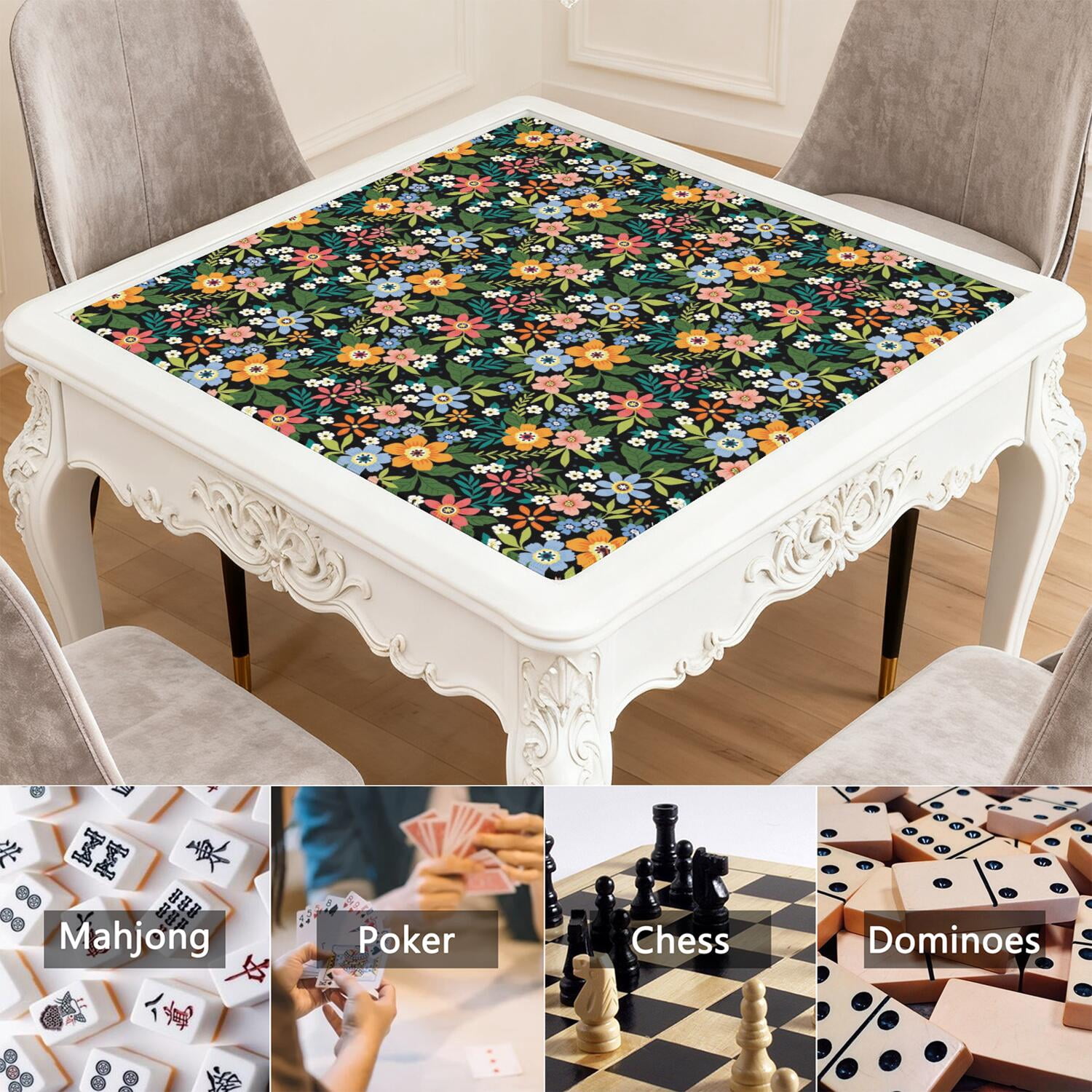 Traditional Floral Print Rubber Game Table Cover 31.5 Inch Square Extra Large Mahjong Mat Quiet Design Anti-Slip Grip for Tiles & Family Nights