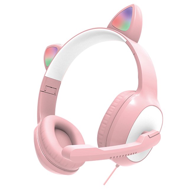 Bearachild Auriculares Auriculares con cable para computadora Auriculares adorables con oreja brillante Auriculares para juegos Cables de audio/vídeo Rosado