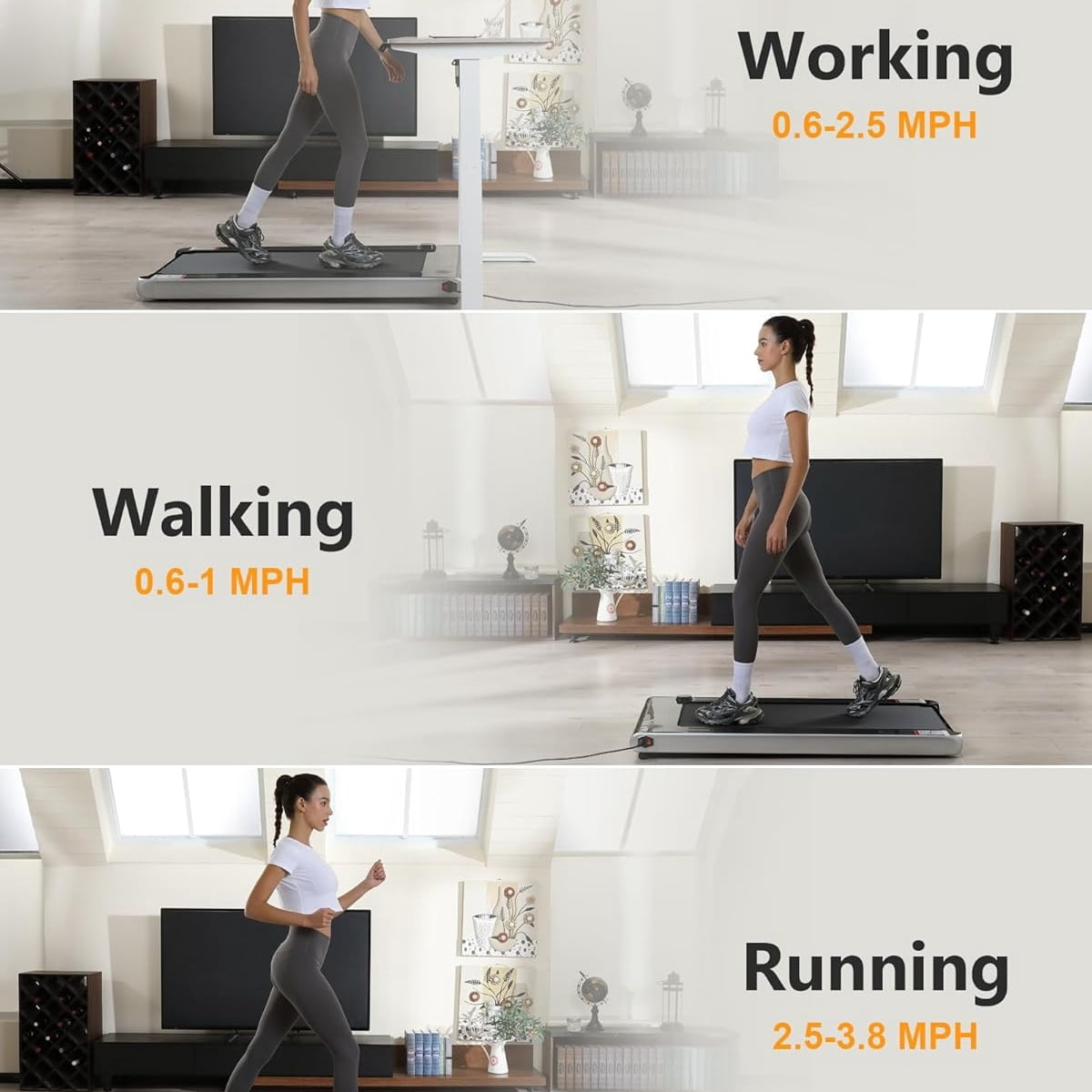 WildBreak 2.25 HP Walking Pad, Under Desk Treadmill, 43.5 x 16", No Assembly Needed, Silver & Black