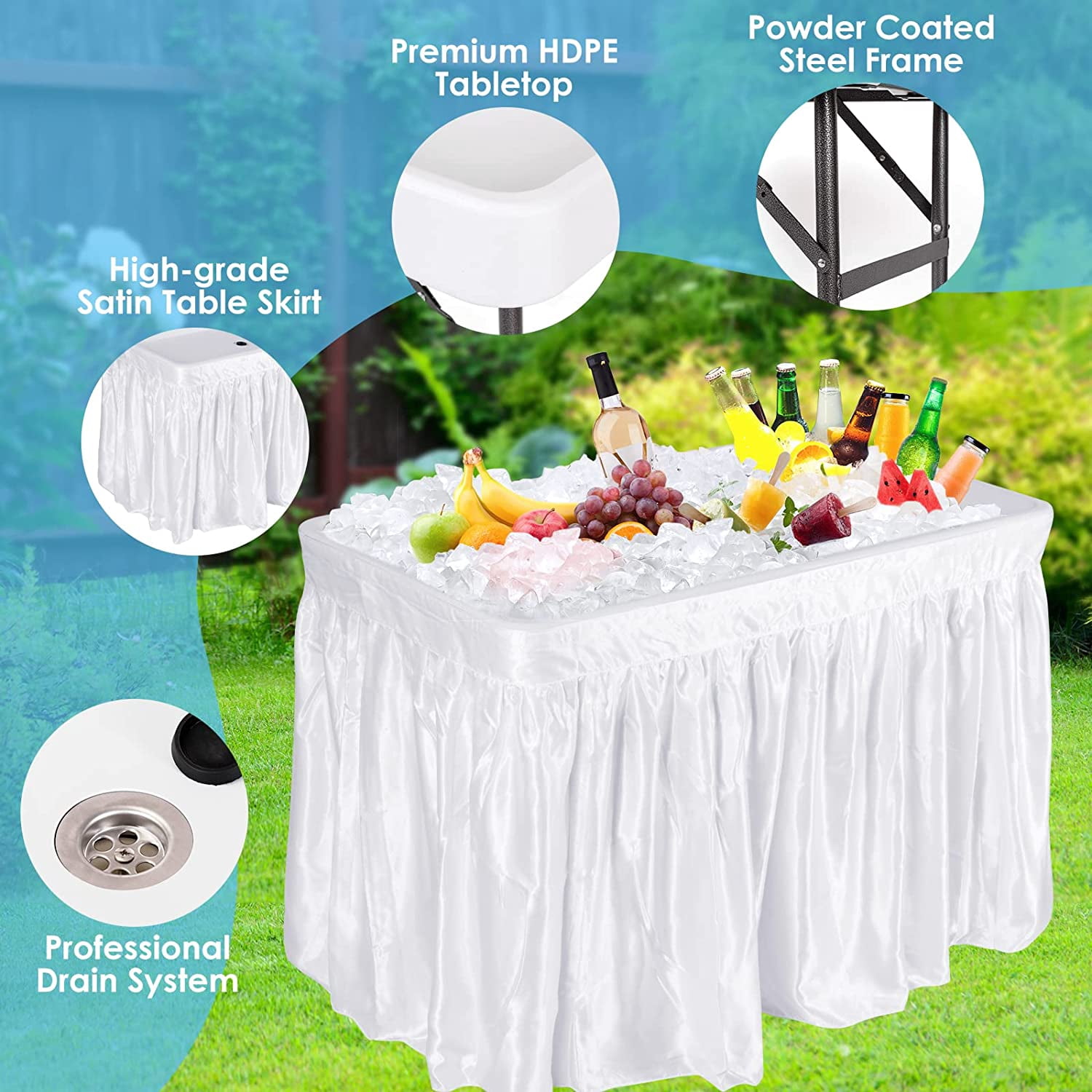 AINUO Folding Ice Cooler Table with Matching Skirt and Drain Hose, Portable Foldable Beverage Buffet Server Chill Table for Party, Picnic, BBQ and Camping