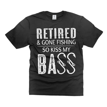 Mens Retired Shirt Gone Fishing So Kiss My Bass Shirt Fishing Joke Shirt Funny Fishing Shirt (Medium Black)