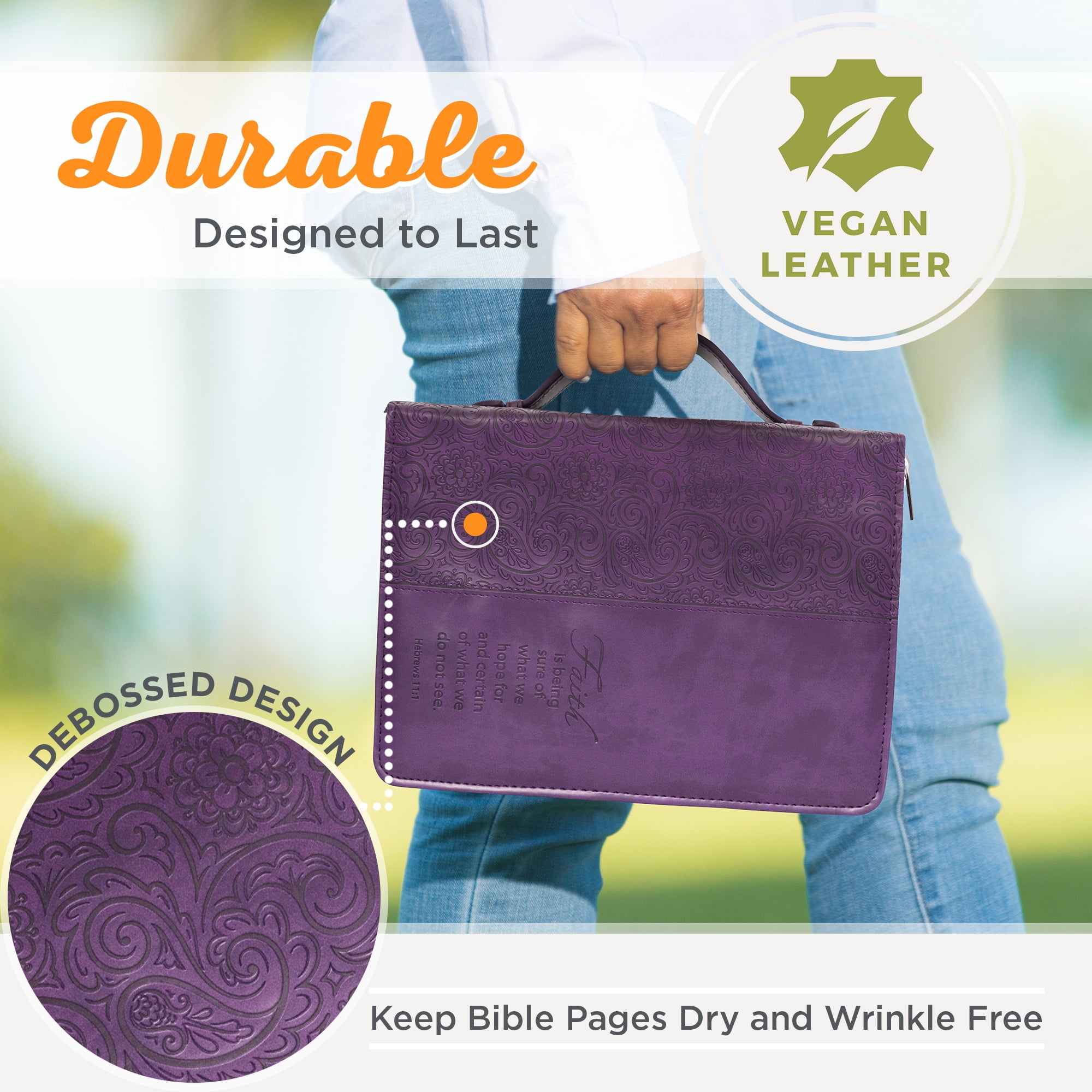 Christian Art Gifts Purple Faux Leather Bible Cover for Women  Faith Purple Paisley- Hebrews 11:1  Zippered Case for Bible or Book w/Handle, Large Christian Art Gifts