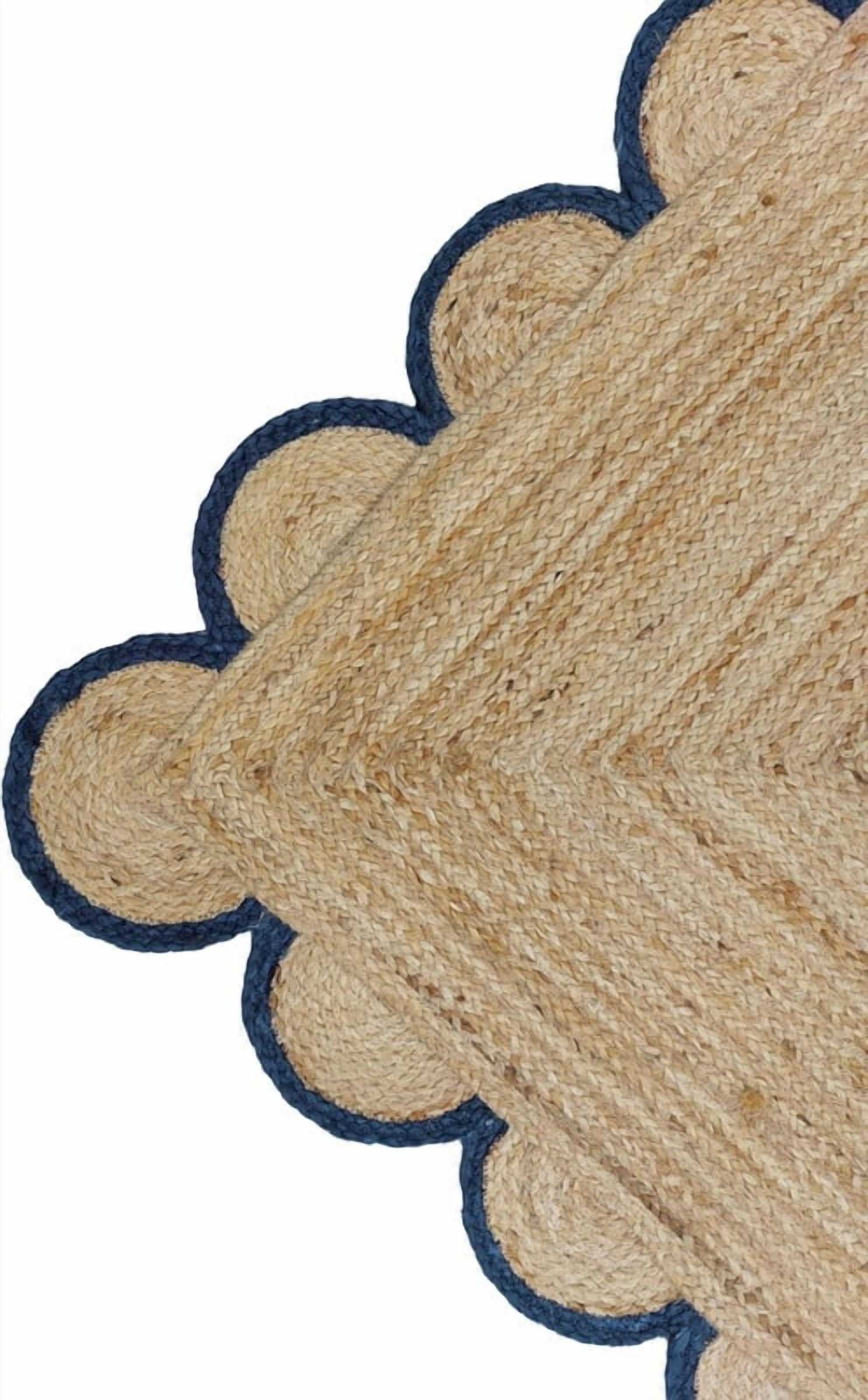 2x7 Ft Navy Blue Border Premium Scalloped Jute Rug – Handcrafted Natural Braided Carpet for Living Room, Bedroom, Entryway, Boho Home Decor