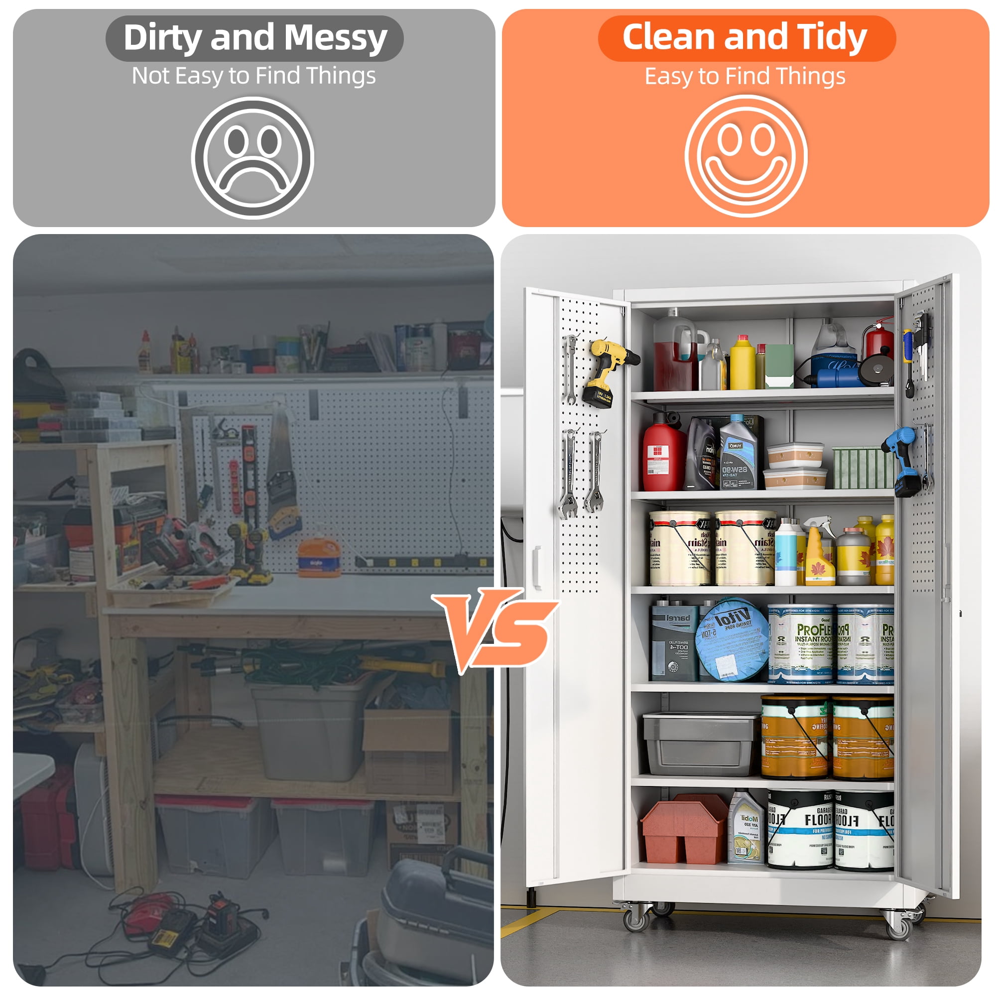 Aobabo Metal Garage Storage Cabinet with Wheels, Rolling Tool Storage Cabinet with 5 Adjustable Shelves and Pegboard for Garage Home Office Utility Room,Required Assembly,White 71" H×32" W×16" D