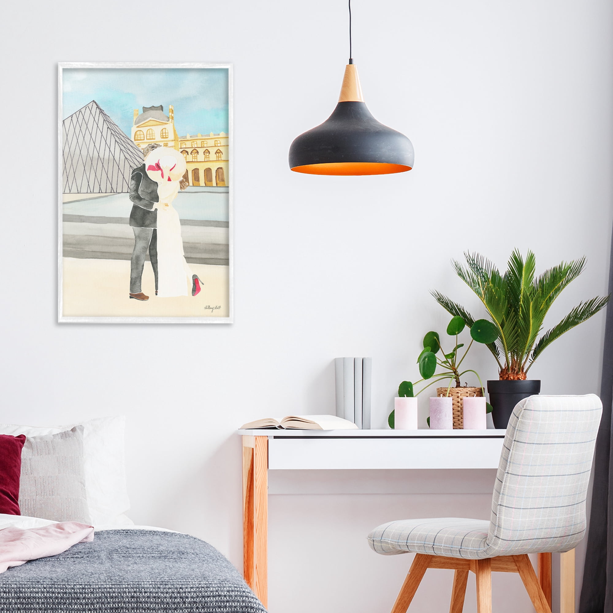 Stupell Industries Couple Embrace At The Louvre White Framed Giclee Art, design by Hillary Holt