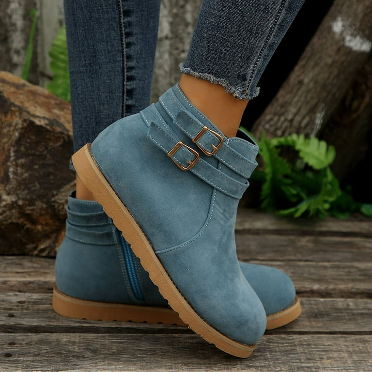 Lovskoo 2024 Ankle Boots for Women Faux Suede Slip On Round Toe Leather  Booties Winter Wedding Dress Shoes Western Boots Light Blue